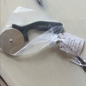 Approx. 100 Black Pizza Cutters with Silver Blade. Pre-Bagged Wedding Favor.